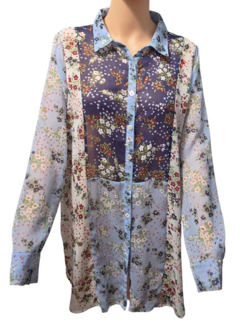 Cloth & Portrait Floral Semi-Sheer Patchwork Cottagecore Tunic Blouse Sz M